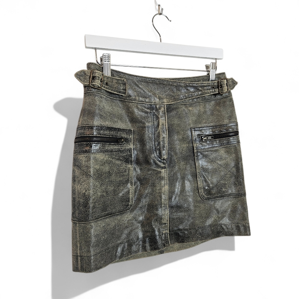 Michael Kors Leather Cargo Mini Skirt Moto A-Line Burnished Utility